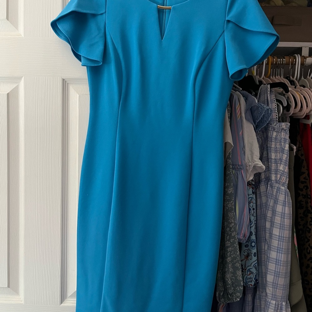 DKNY Blue Sheath Mini Dress with Flutter Sleeves
